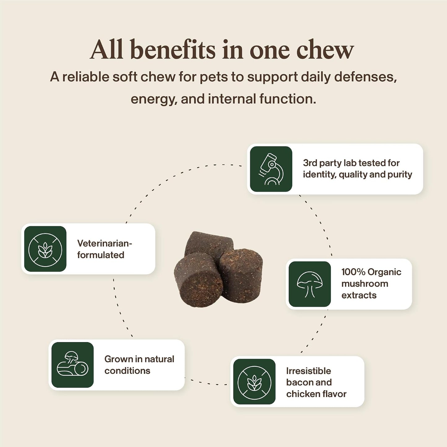 Nutrition facts panel of Real Mushrooms Immune Pet Chews showing beta-glucan content.