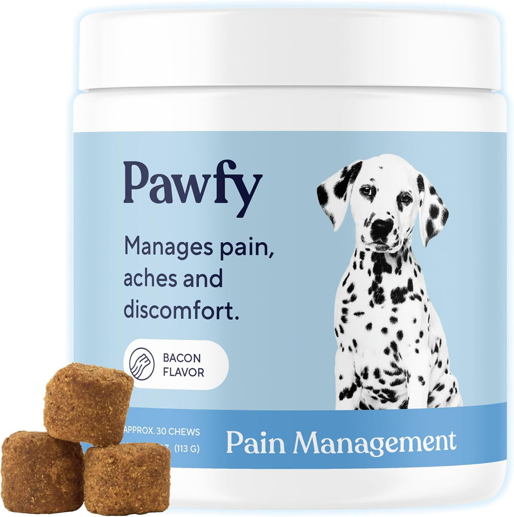 Pawfy Advanced Pain Management dog joint supplement front view packaging showcasing 30 fast acting soft chews.