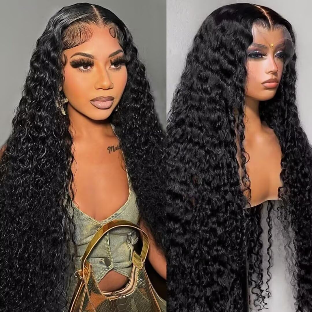Glulaze 28 Inch Deep Wave HD Lace Front Wig front view showcasing full natural black curls.