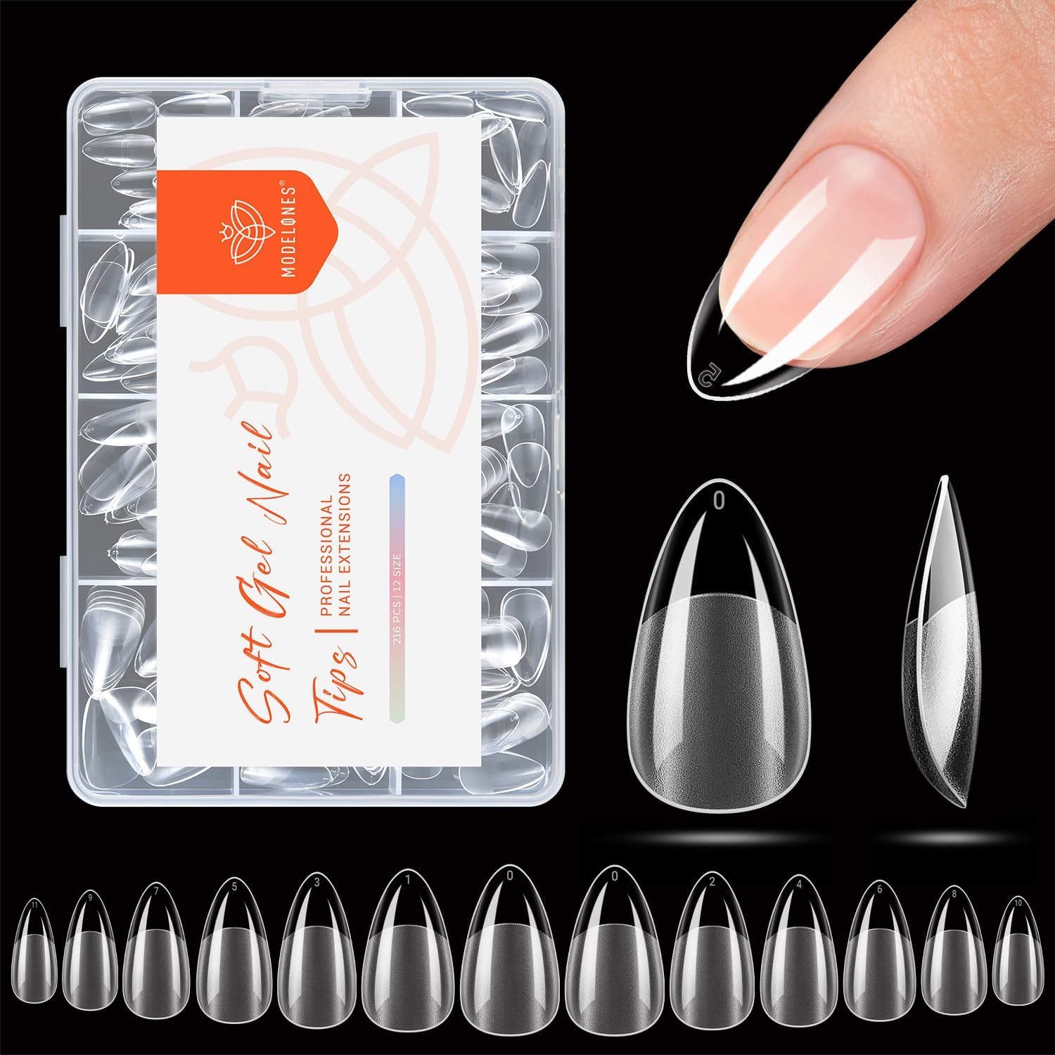 Modelones short almond nail tips 216pcs set for professional gel nail extensions at home