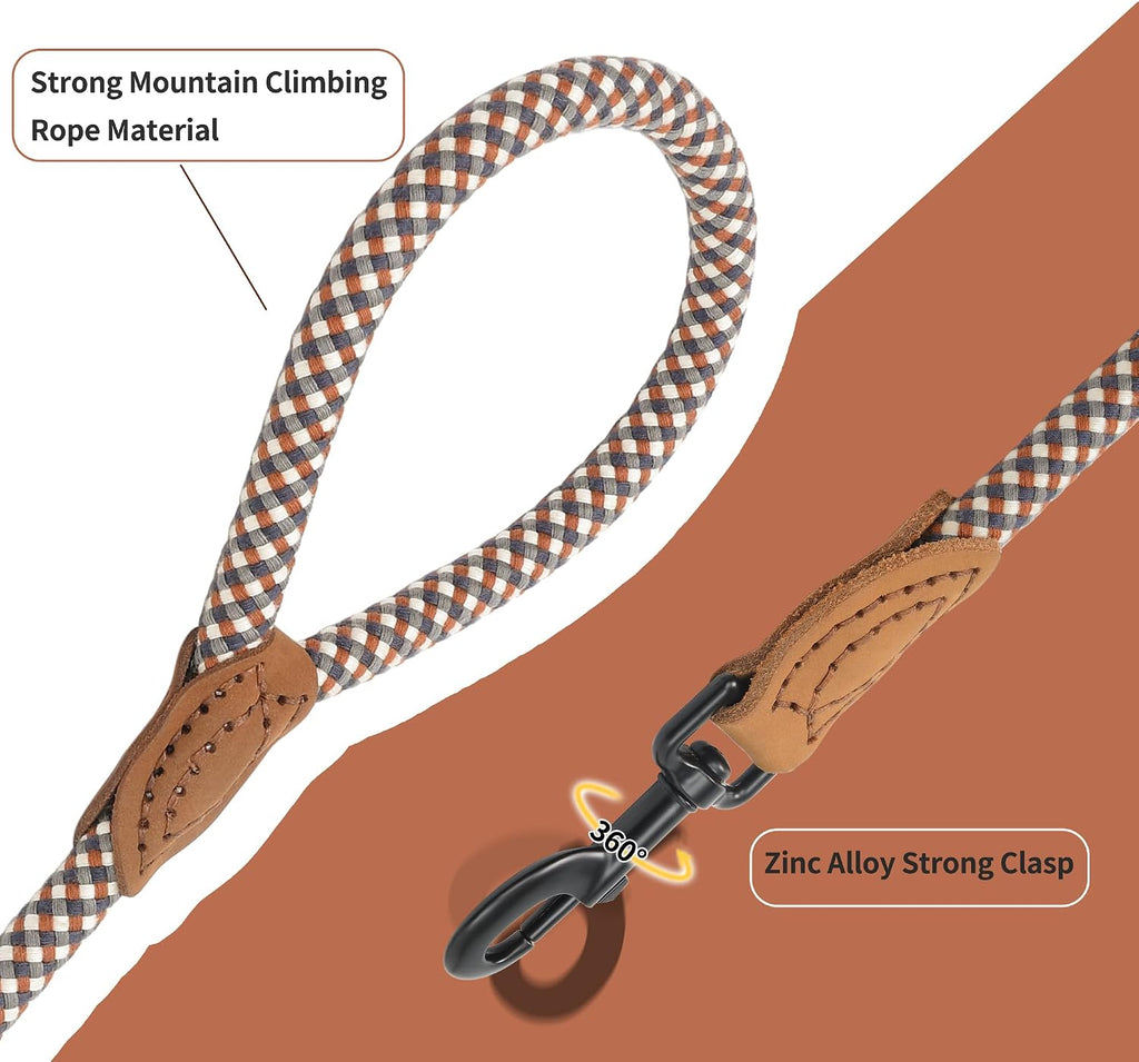 Premium four feet long brown rope pet leash showing the swivel metal clasp.