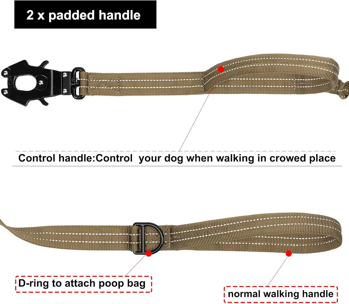 ICEFANG heavy duty dog leash close up on dual traffic control handles