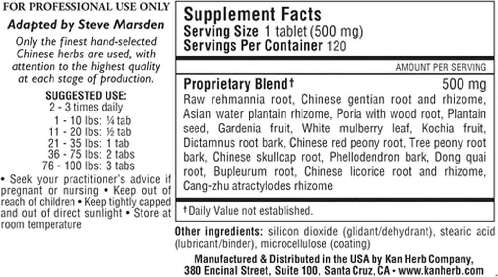 Kan Herbs Damp Heat Derma Relief supplement label details for pet skin support