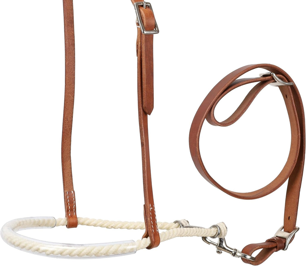 Showman imported medium leather adjustable equestrian tie down noseband close up detail