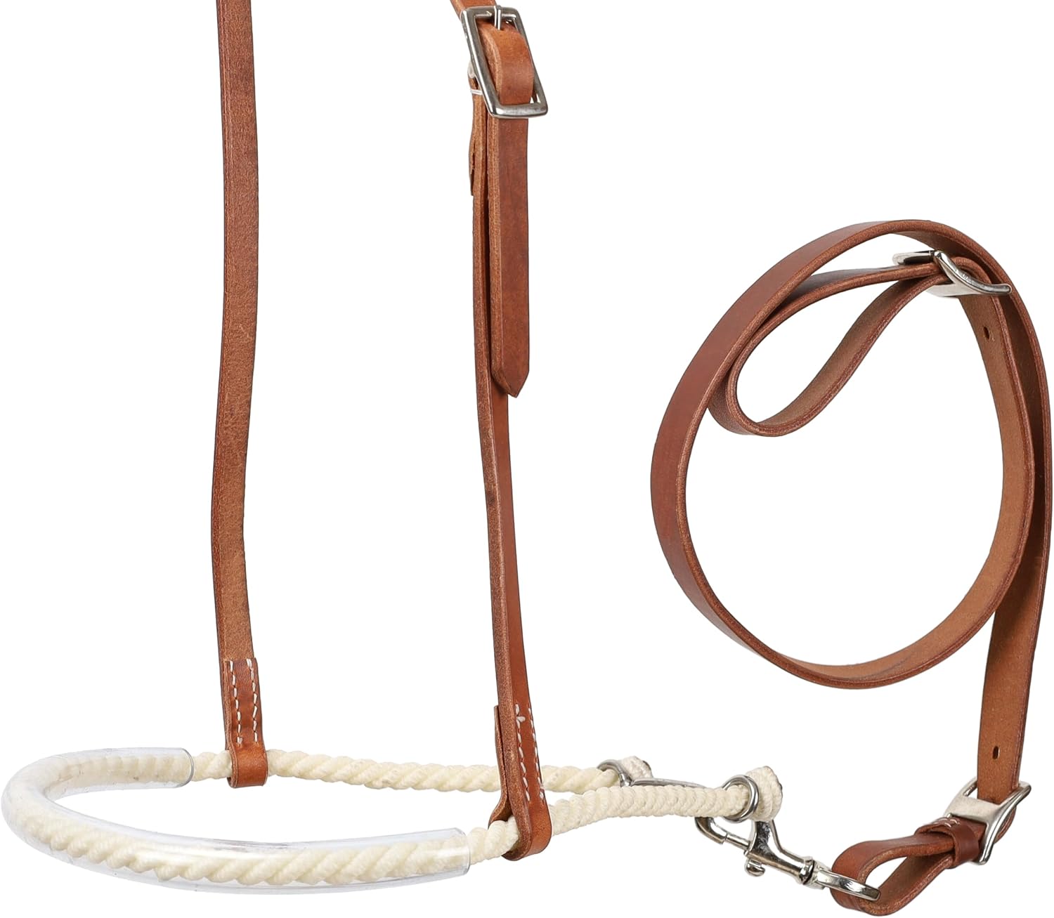 Showman imported medium leather adjustable equestrian tie down noseband close up detail