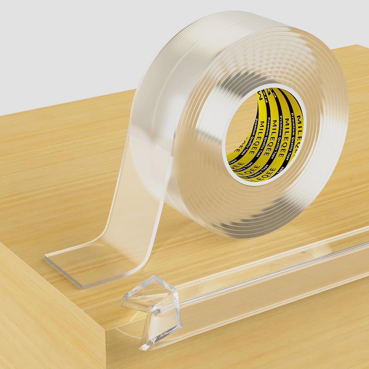 MILEQEE clear edge protector strip applied to a glass table edge