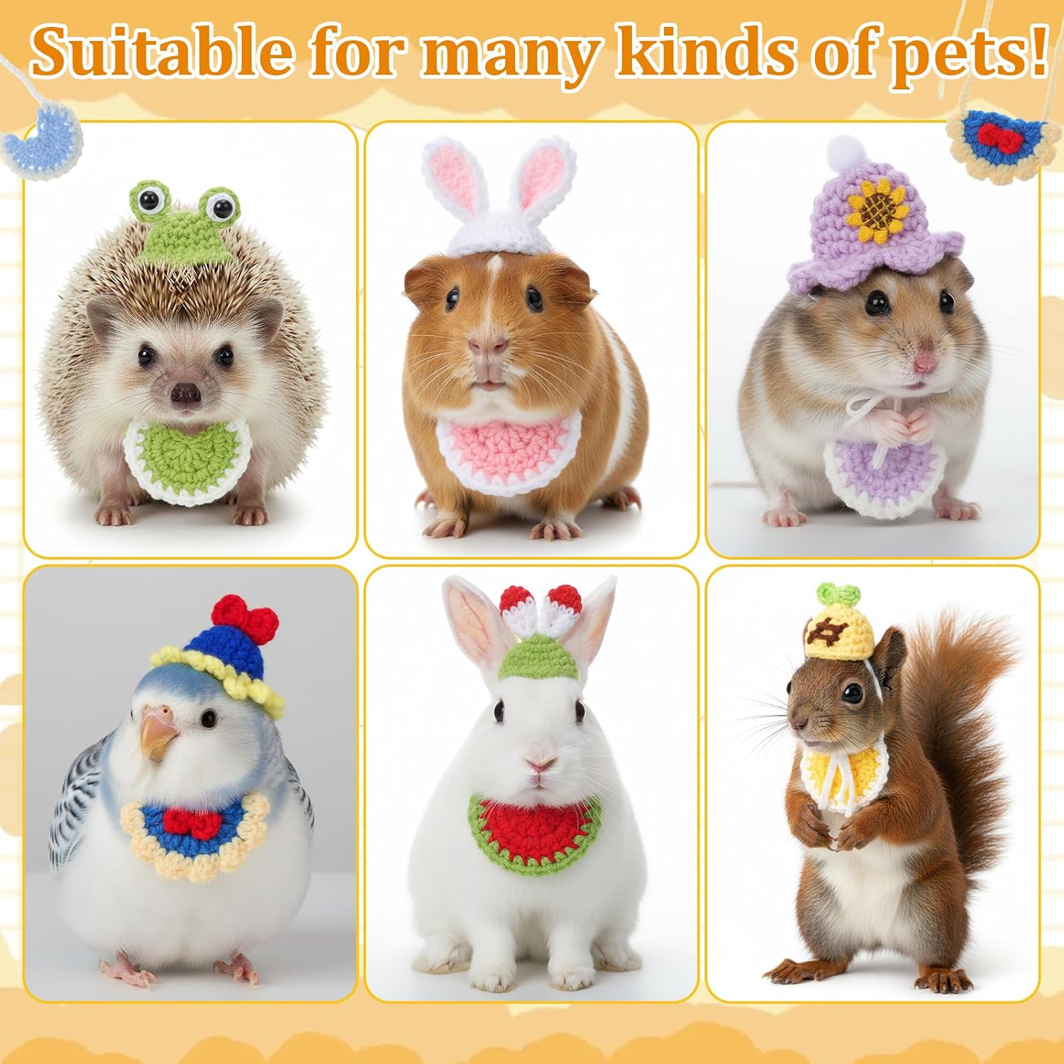 Abbylike small animal holiday costume accessories including mushroom and elephant themed crochet bibs for reptiles.