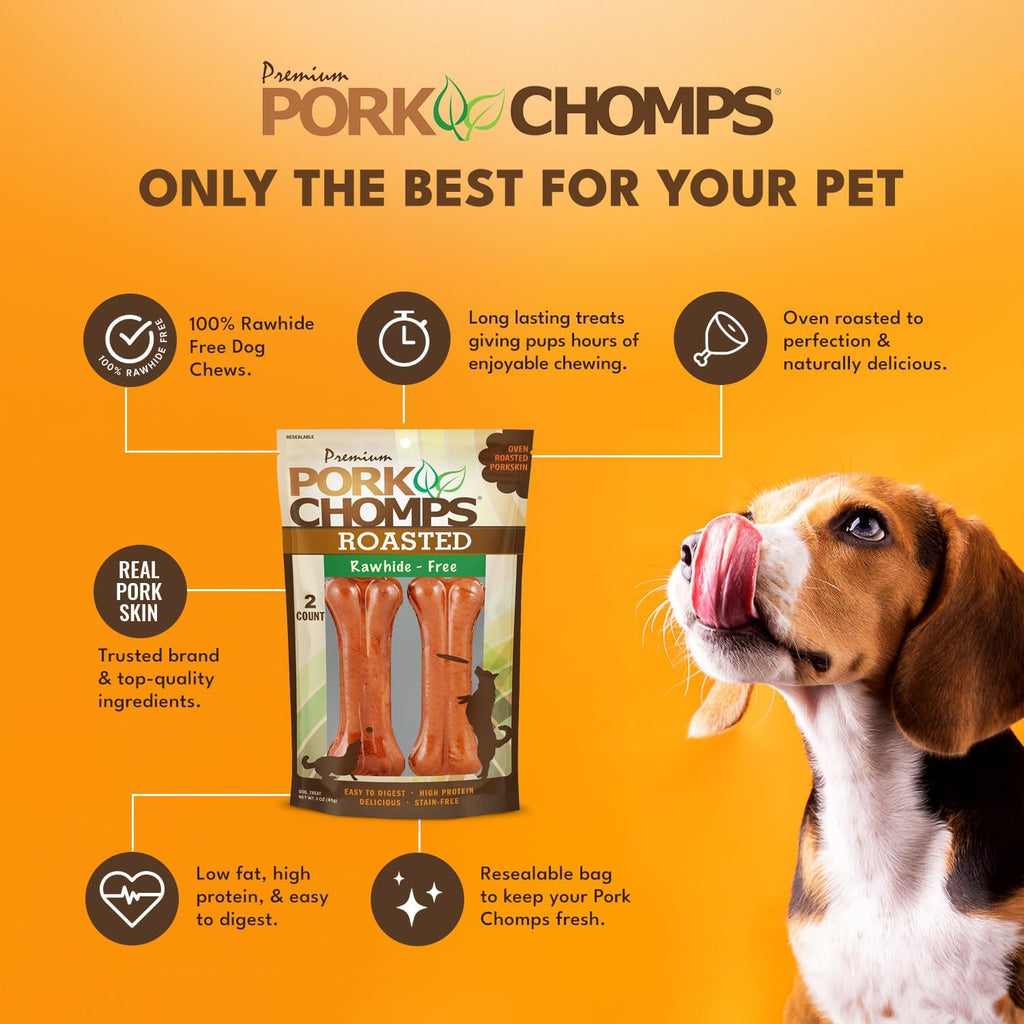 Pork Chomps baked pig skin chewing bones for dogs showing healthy low fat texture