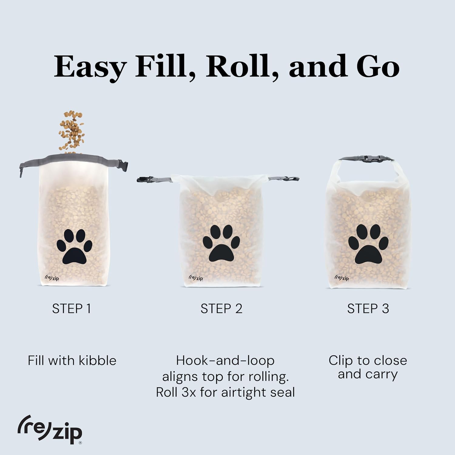 Rezip pet food bag being used for camping gear