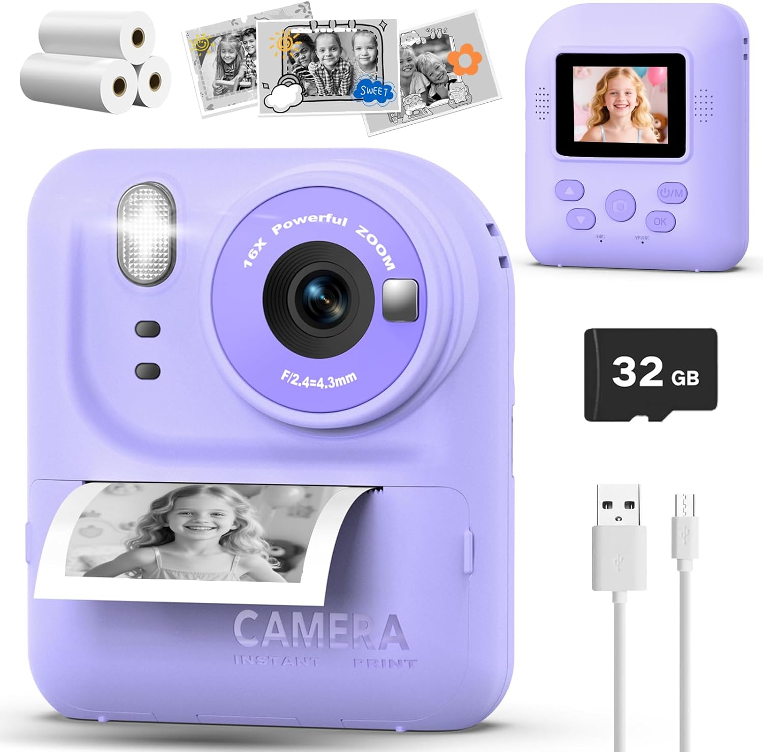 Teslahero kids camera instant print photo purple front view displaying lens and printing slot
