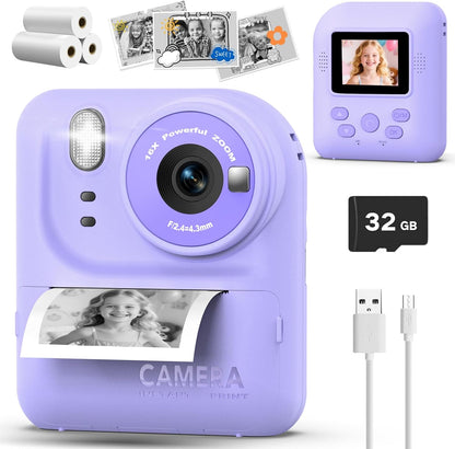 Teslahero kids camera instant print photo purple front view displaying lens and printing slot