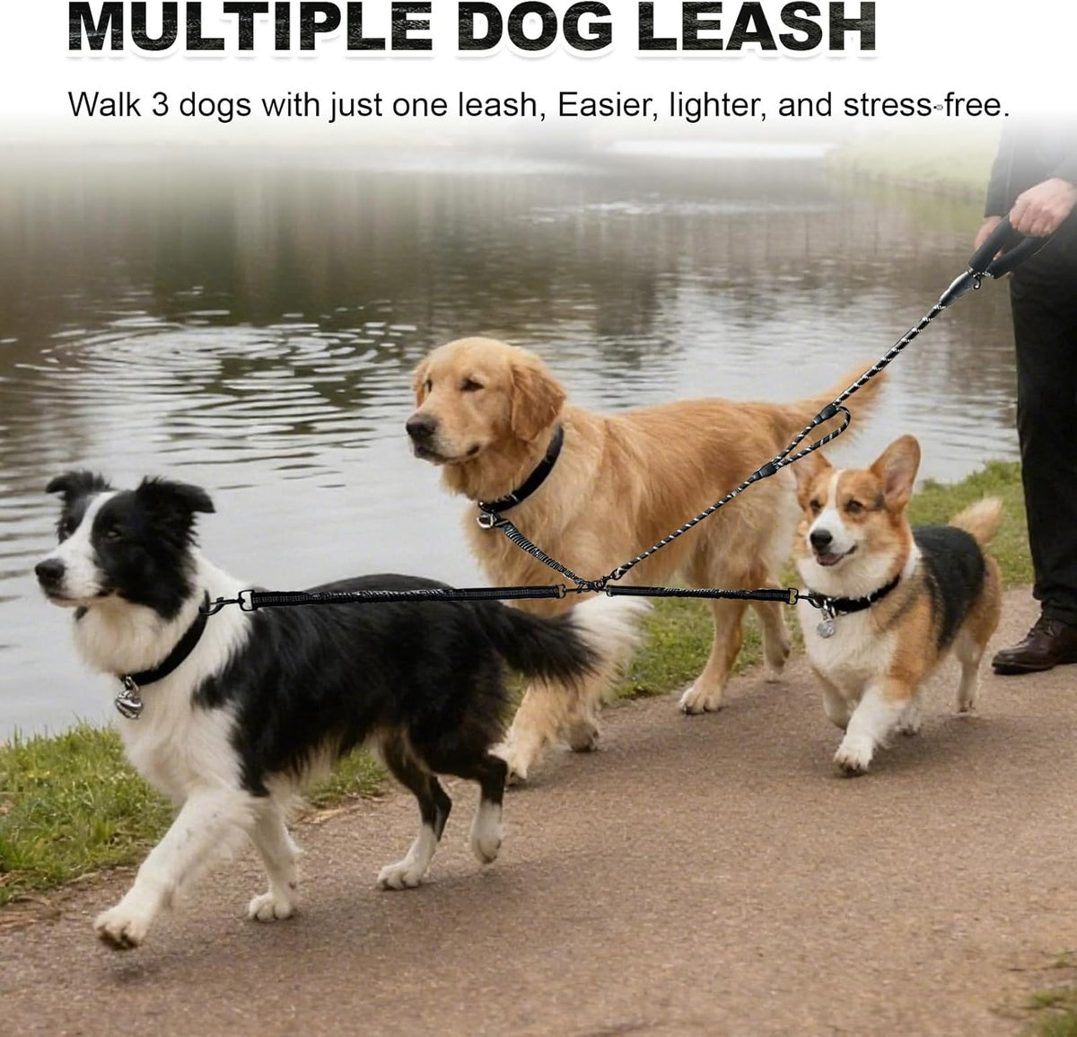 Modular triple pet walking traction rope with convenient drawstring storage pouch.