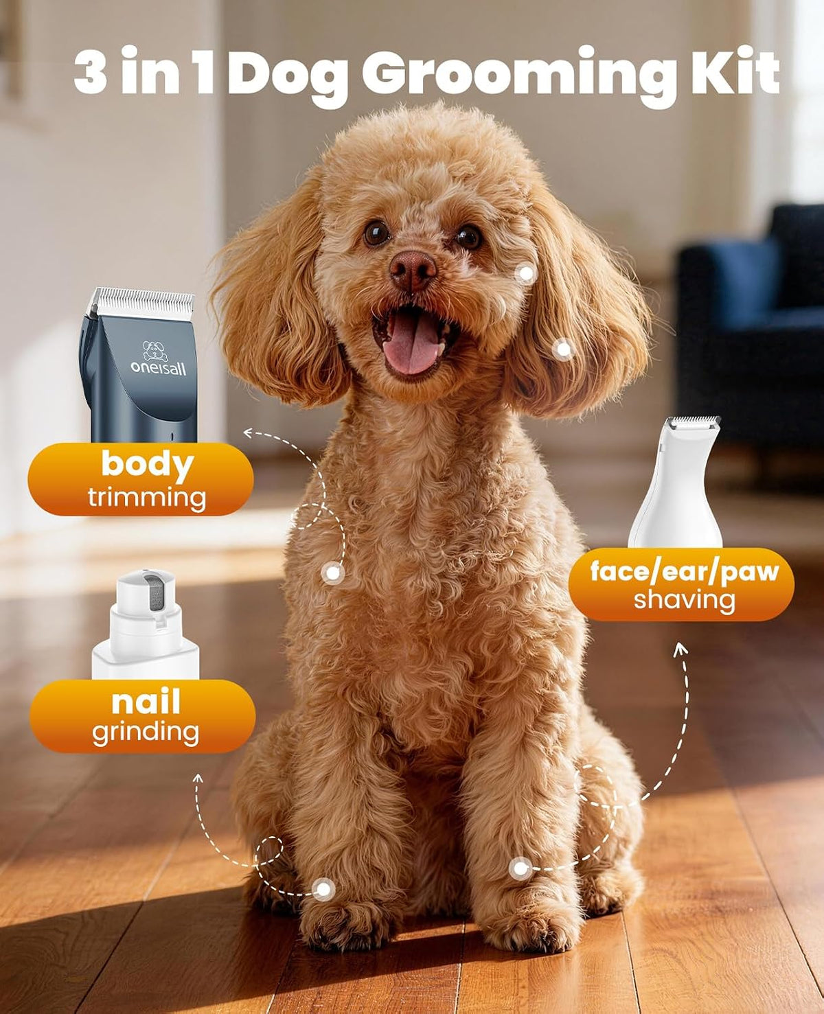 Oneisall cordless pet hair trimmer with LCD power display showing battery life