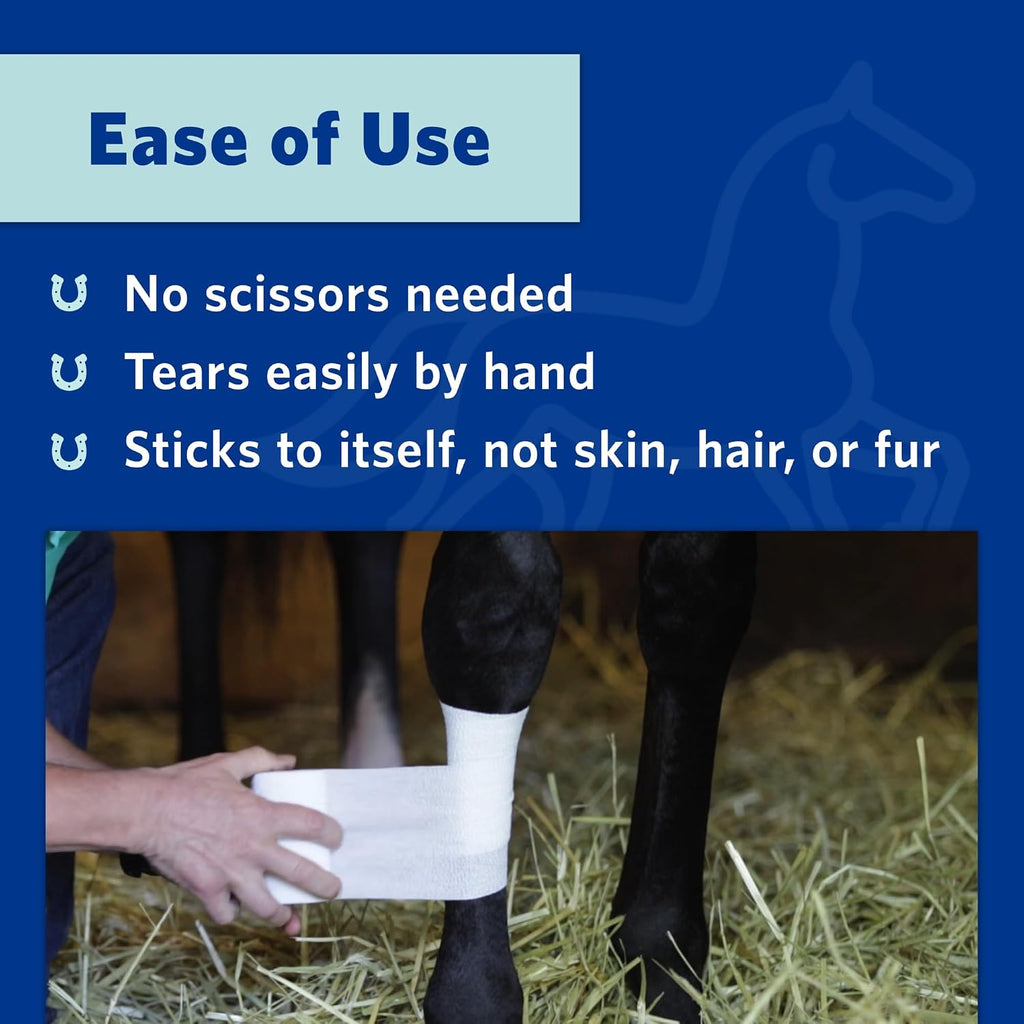Blue Ovik Health cohesive bandage applied to horse leg for support