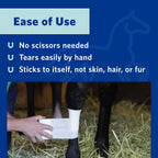 Blue Ovik Health cohesive bandage applied to horse leg for support