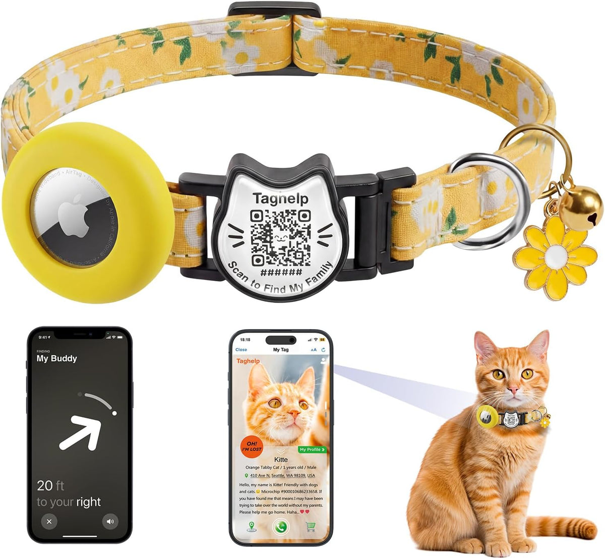 Cute Floral Breakaway Cat Collar with QR Code ID, Cotton Kitten Collar with Bell & AirTag Holder, Adjustable Safety Collar for Cats,Pastoral Style with airtag Holder(Pink) - Image 15