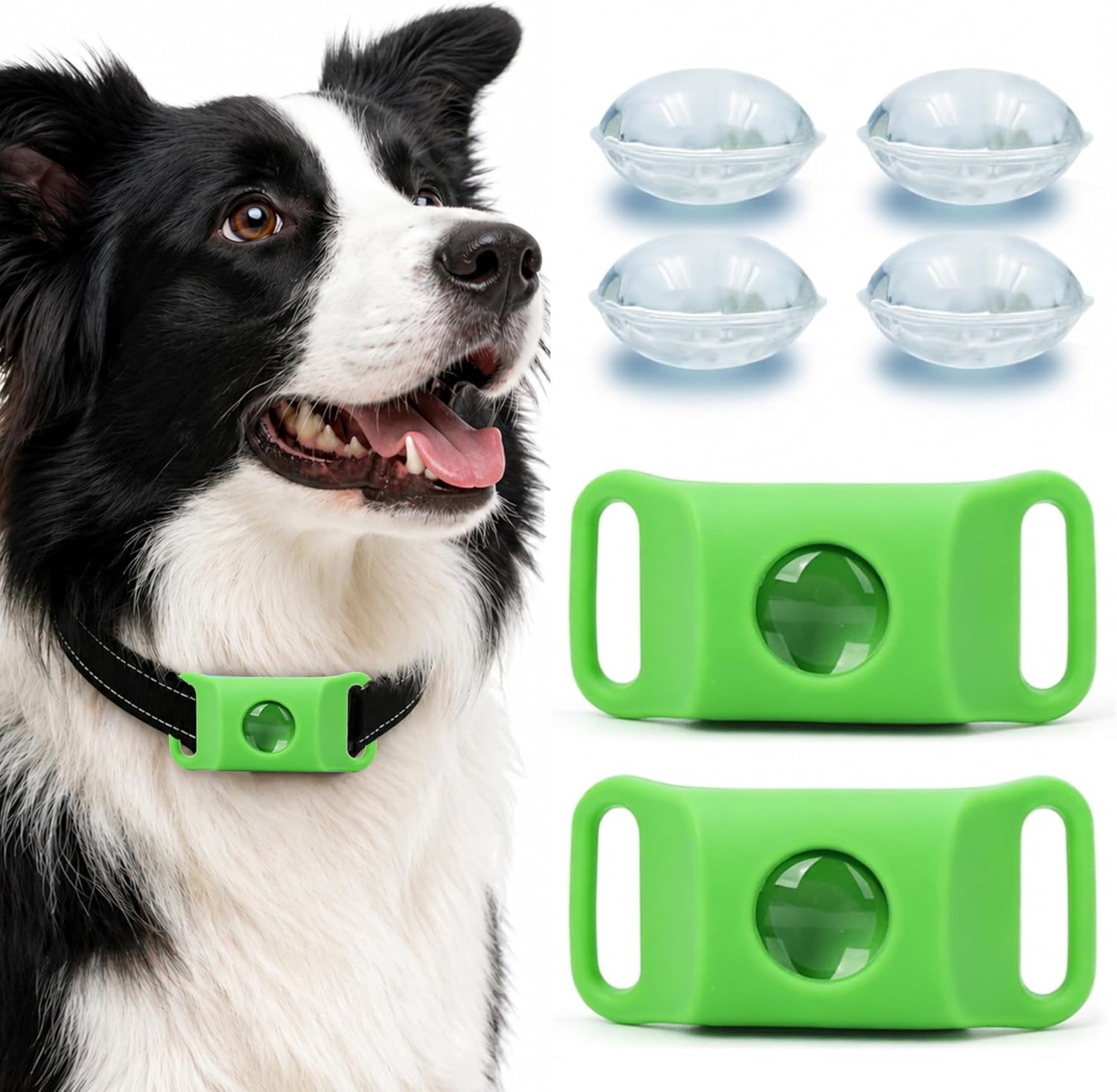 FurLife Pet Calming Pendant front view showing the green water resistant collar tag attachment.