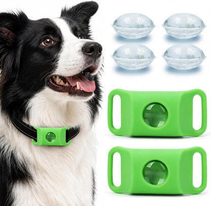 FurLife Pet Calming Pendant front view showing the green water resistant collar tag attachment.