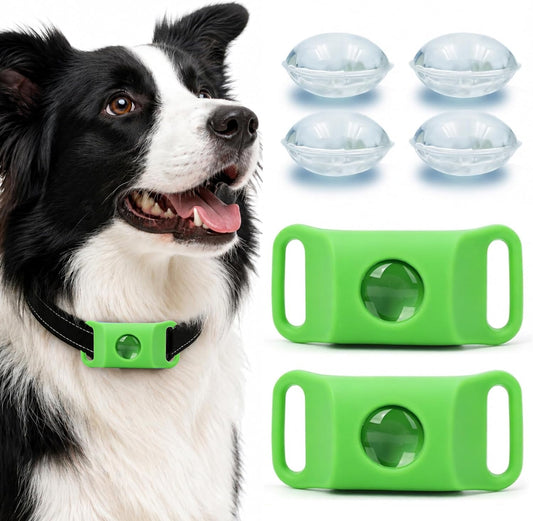 FurLife Pet Calming Pendant front view showing the green water resistant collar tag attachment.