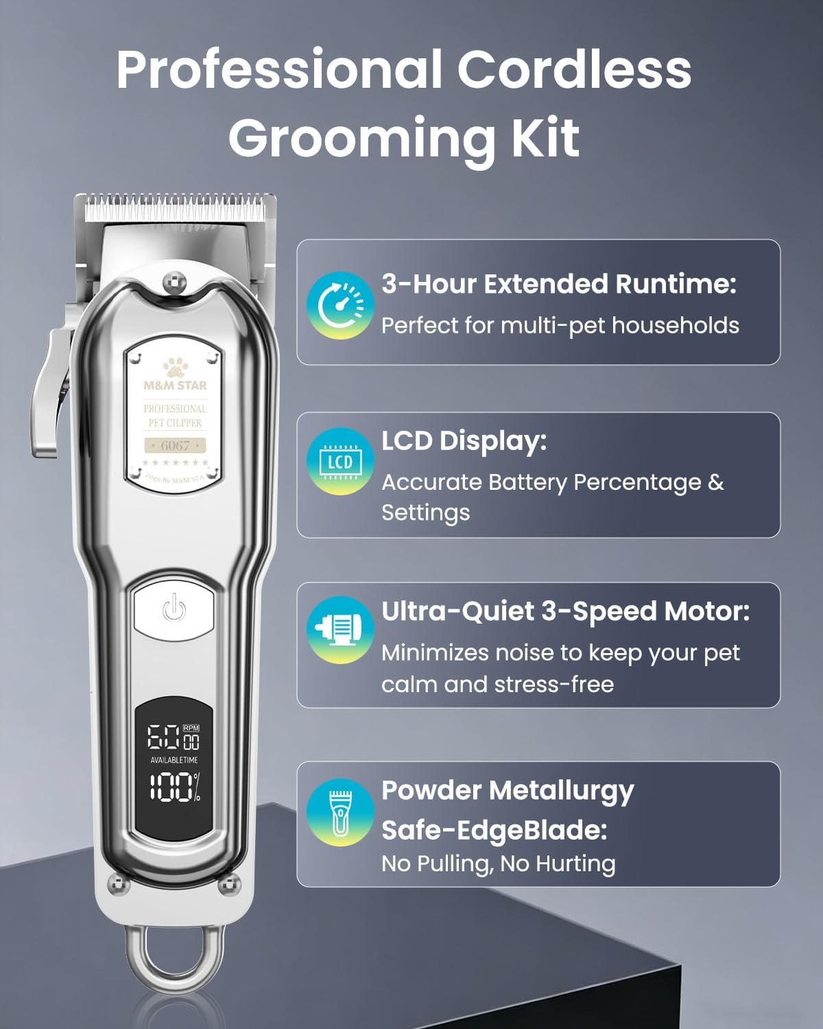 M&M STAR all metal pet grooming trimmer showing digital battery display screen.