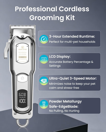 M&M STAR all metal pet grooming trimmer showing digital battery display screen.