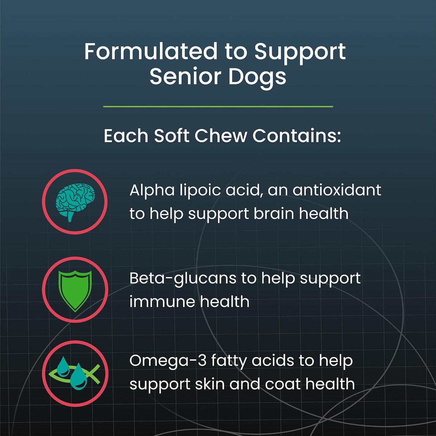 Authentic USA imported Dasuquin Senior soft chews packaging highlighting brain health and immune support benefits