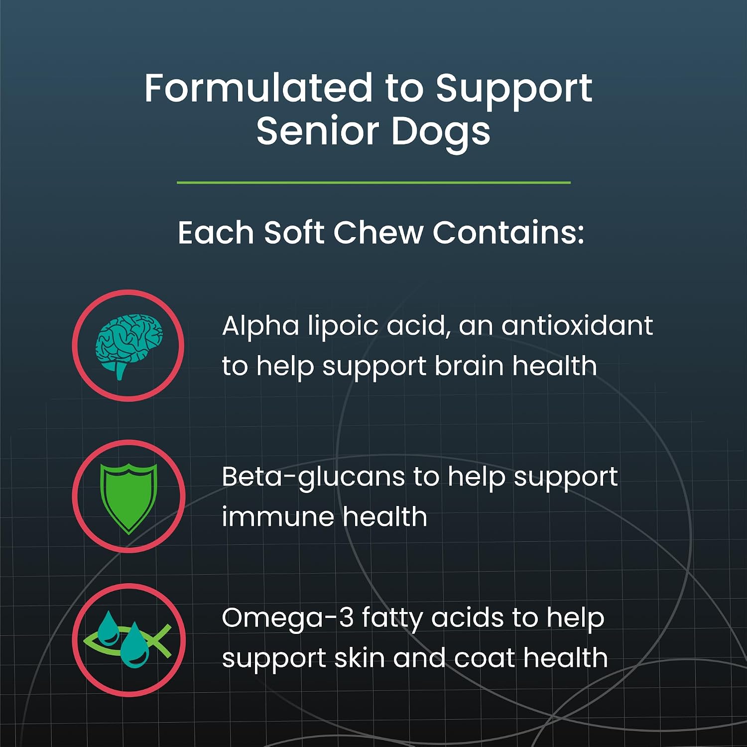 Authentic USA imported Dasuquin Senior soft chews packaging highlighting brain health and immune support benefits