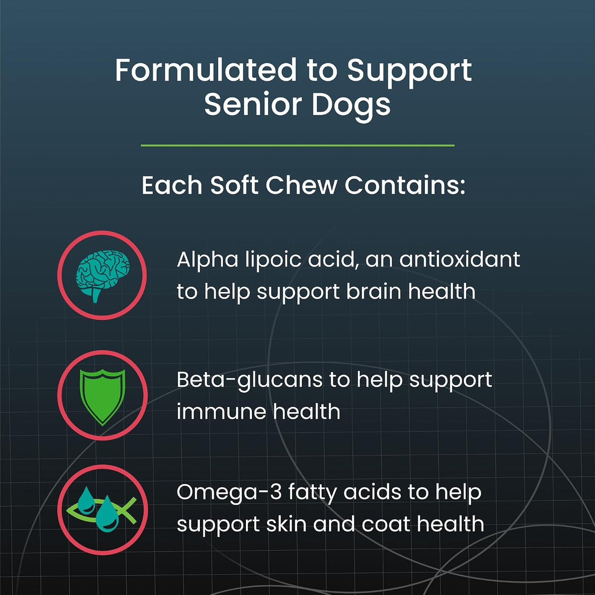 Authentic USA imported Dasuquin Senior soft chews packaging highlighting brain health and immune support benefits
