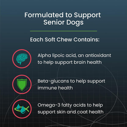 Authentic USA imported Dasuquin Senior soft chews packaging highlighting brain health and immune support benefits