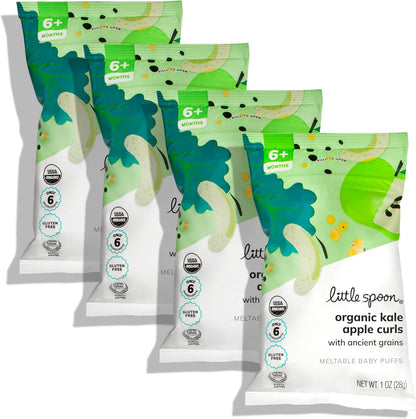 Little Spoon Kale Apple Meltable Baby Puffs front packaging view of four pack carrier