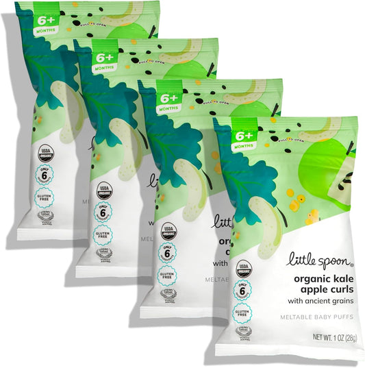 Little Spoon Kale Apple Meltable Baby Puffs front packaging view of four pack carrier