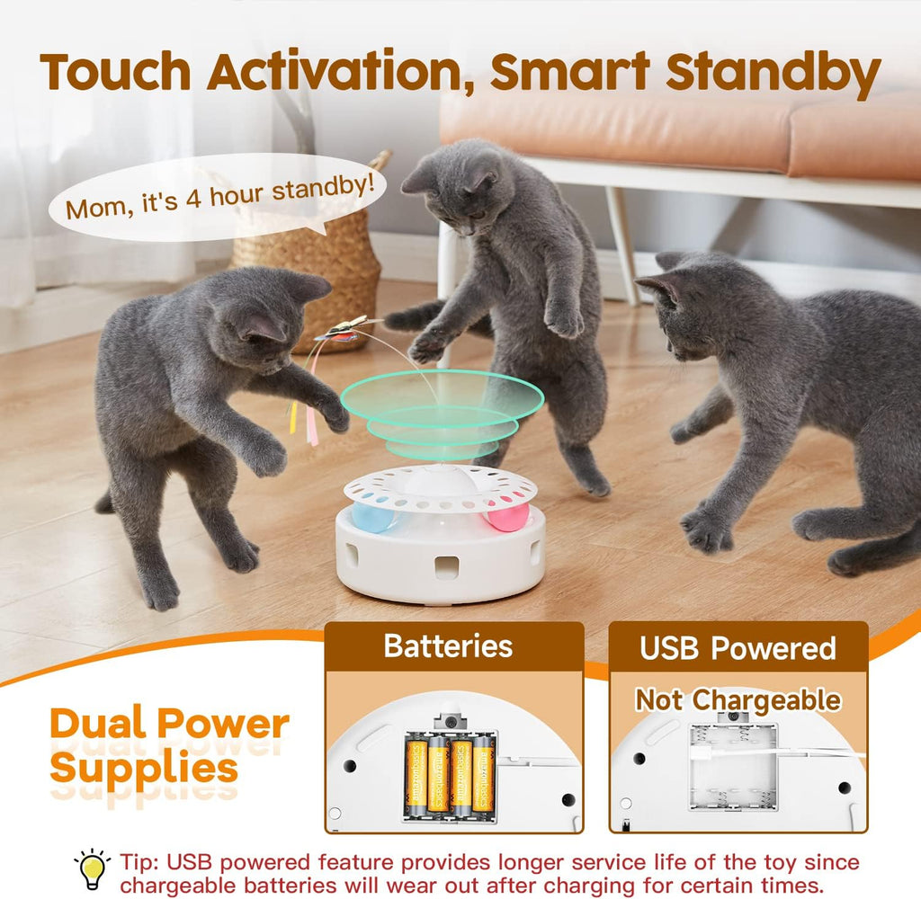 Potaroma motorized butterfly and feather cat toy setup illustrating the durable non toxic resin shell.