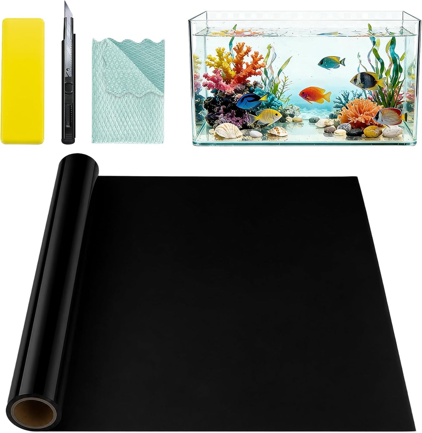 FreeNook Blackout Window Privacy Film and Aquarium Background front packaging view showing the opaque black texture.