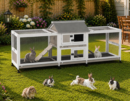 Extra Large 2-Story Rabbit Hutch Indoor and Outdoor with Dual Run Areas for 2-6 Rabbits & Guinea Pig, Wooden Bunny Hutch with 4 Pull-Out Trays, 2 Chew-Proof Ramps, Asphalt Roof, 8 Lockable Wheels - Image 1