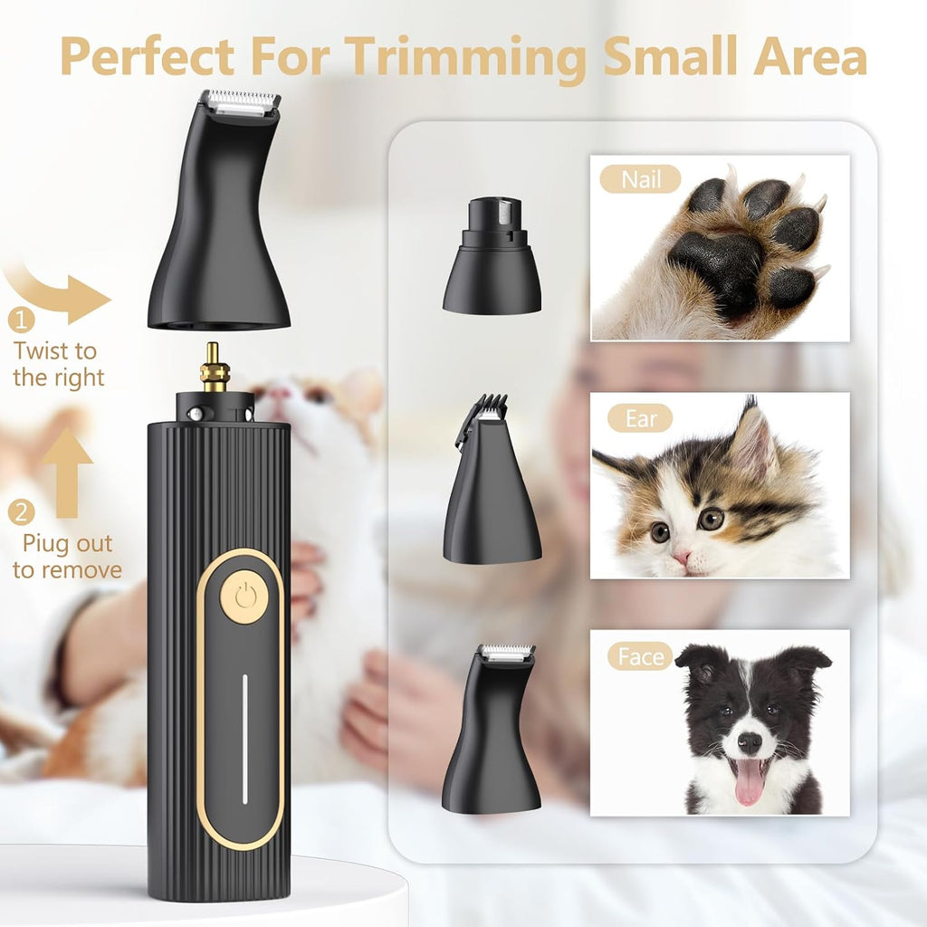 Rechargeable cordless pet shaver being used to trim a dog with a heavy thick coat