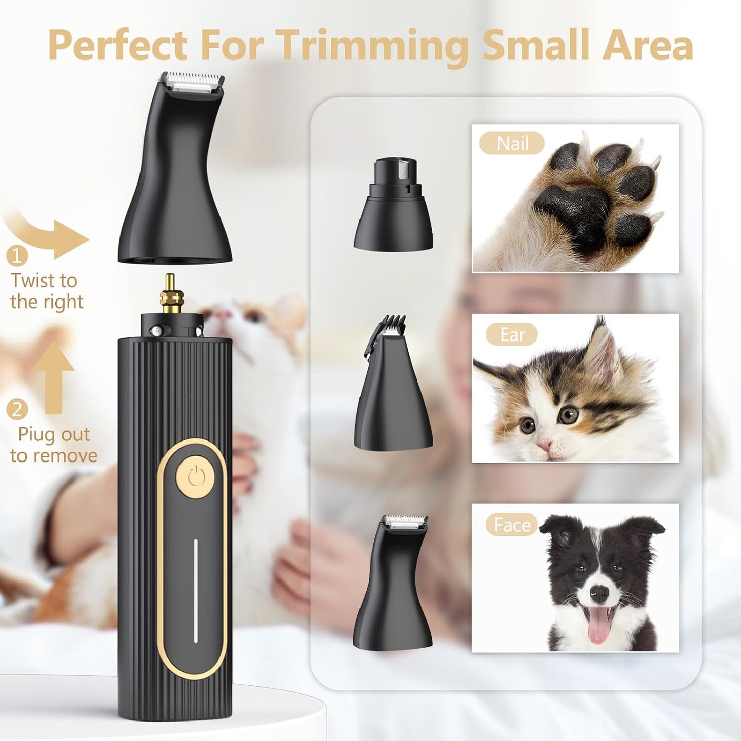 Rechargeable cordless pet shaver being used to trim a dog with a heavy thick coat