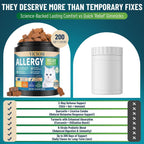 VICSOM cat allergy relief chews container alongside a healthy domestic cat