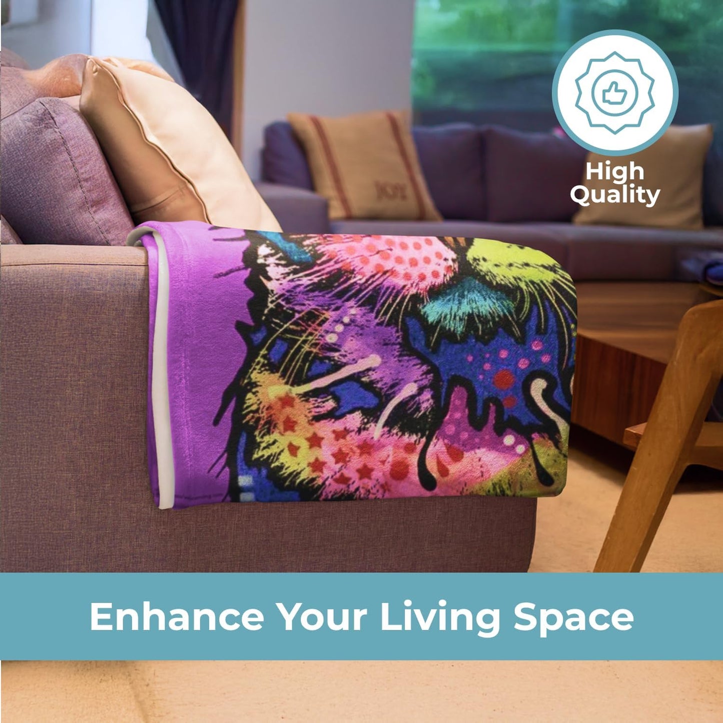 Folded Dawhud Direct plush cat blanket showing vibrant printed details and edges.