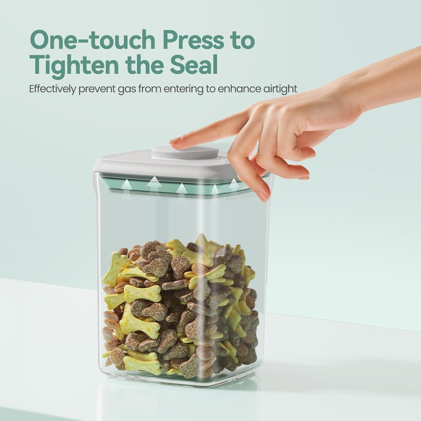 Fafaflyer pet treat jar showing one-touch button mechanism