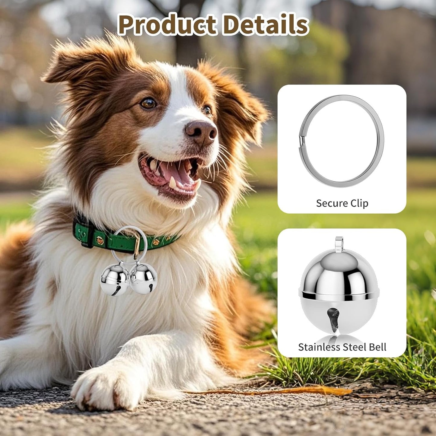 DearKeeps extra loud pet bells attached to a silver dog collar ring