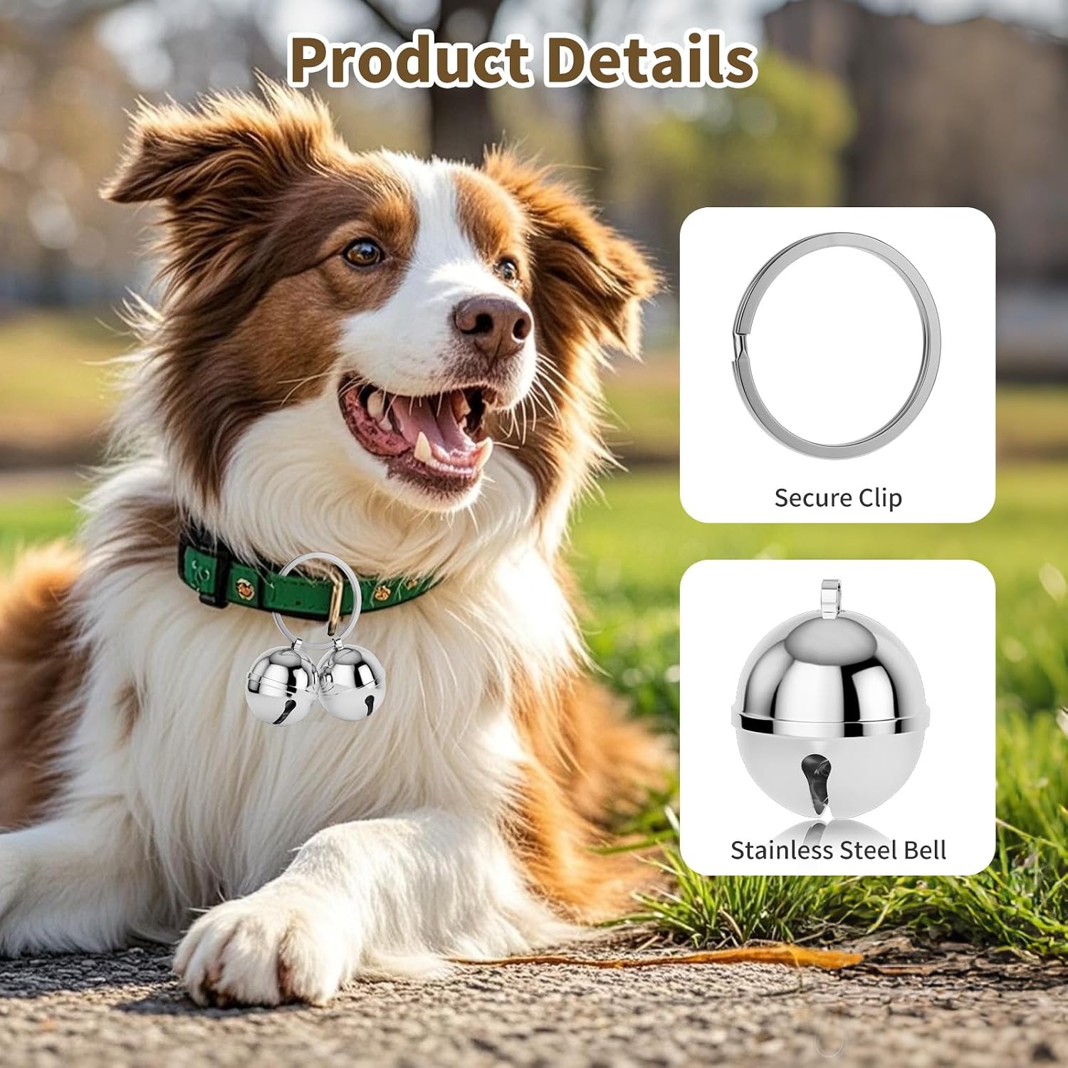 DearKeeps extra loud pet bells attached to a silver dog collar ring