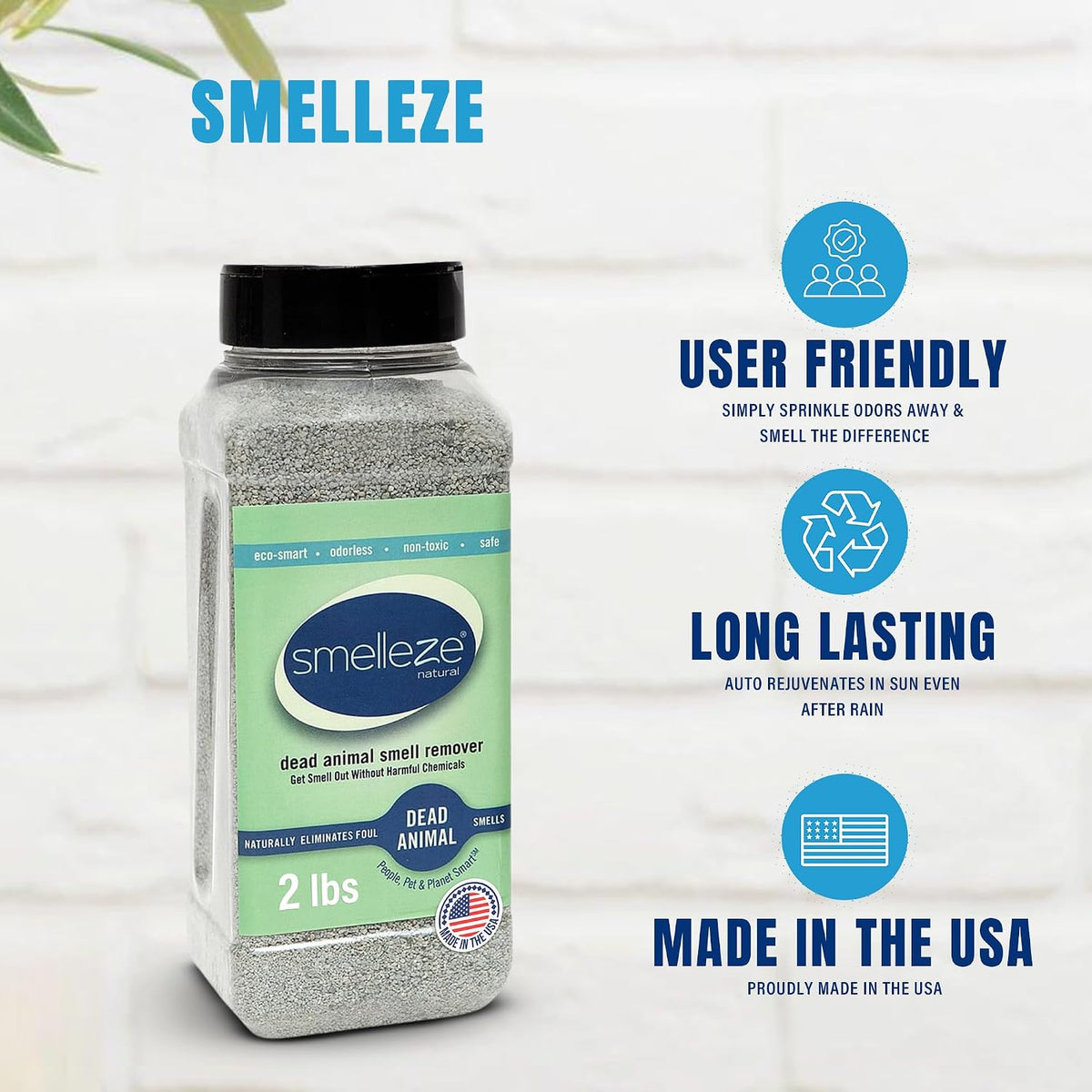 Smelleze professional grade pest control deodorizer product shot showcasing the two pound size.