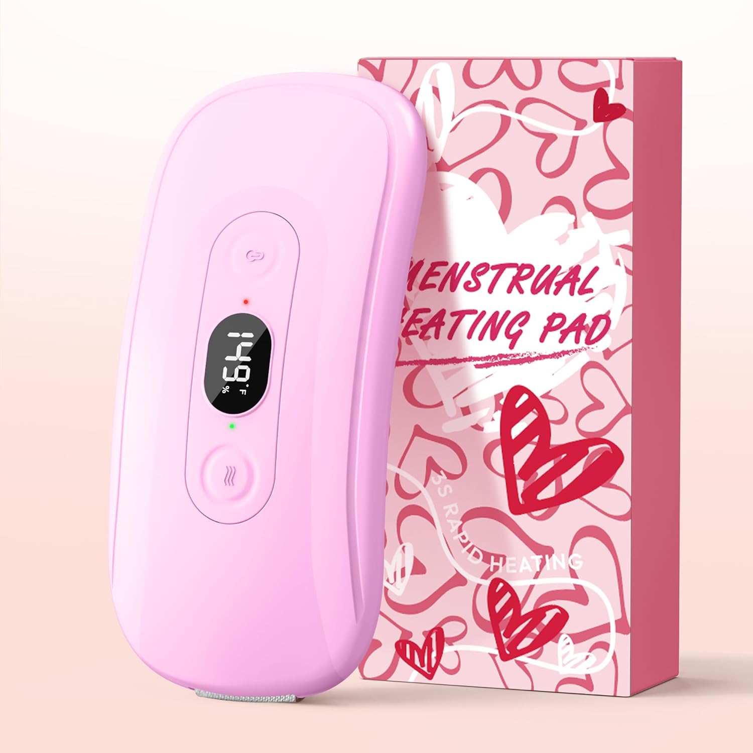 Hirane portable menstrual heating pad front view showing digital LCD screen and pink outer shell