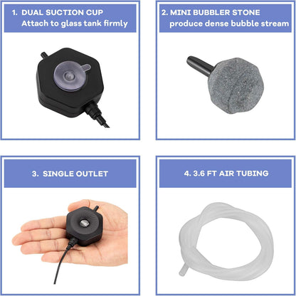 hygger Quiet Mini Small Aquarium Air Pump Betta Fish Tank Bubbler Oxygen Aeration Pump with Air Stone Tubing Suction Cup for 0.5-15 Gal Fish Bowl - Image 5