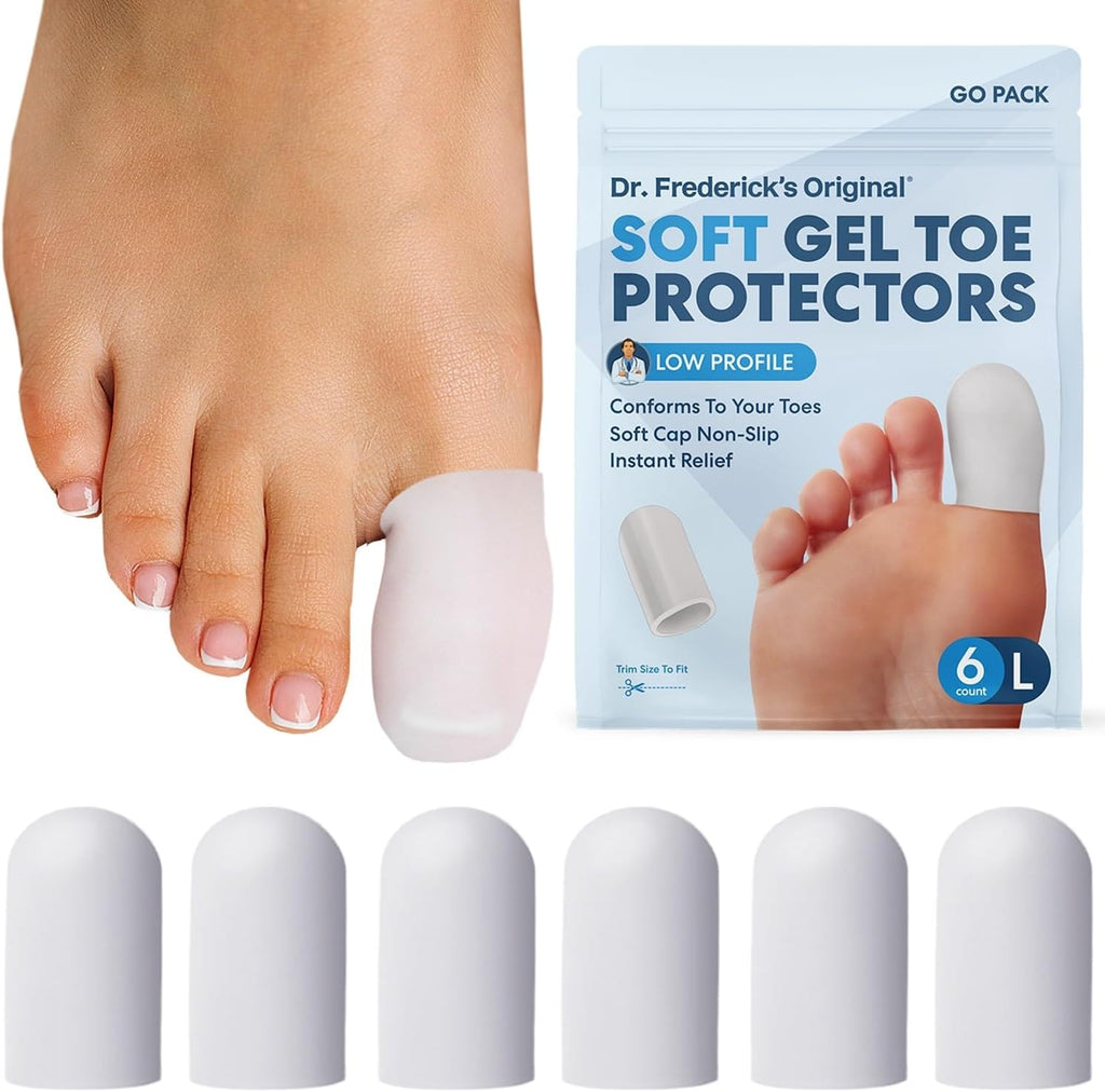 Dr. Frederick's Original Soft Gel Toe Protectors front view 6 count pack for foot pain relief.