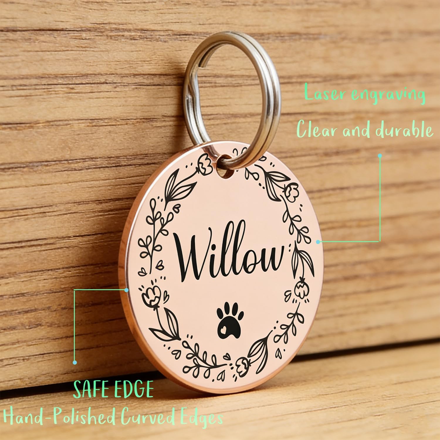 Double sided engraved pet identification tag showing phone number back placement.