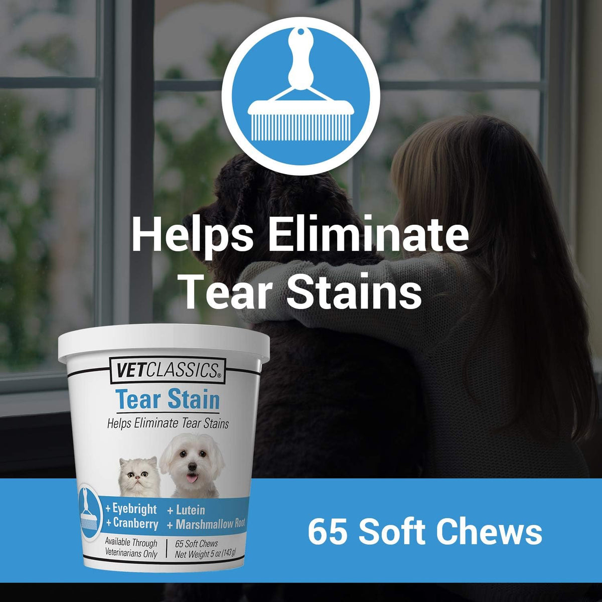 Vet Classics pet eye health chews showing the sixty-five soft chews container.