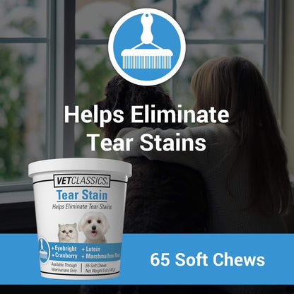Vet Classics pet eye health chews showing the sixty-five soft chews container.