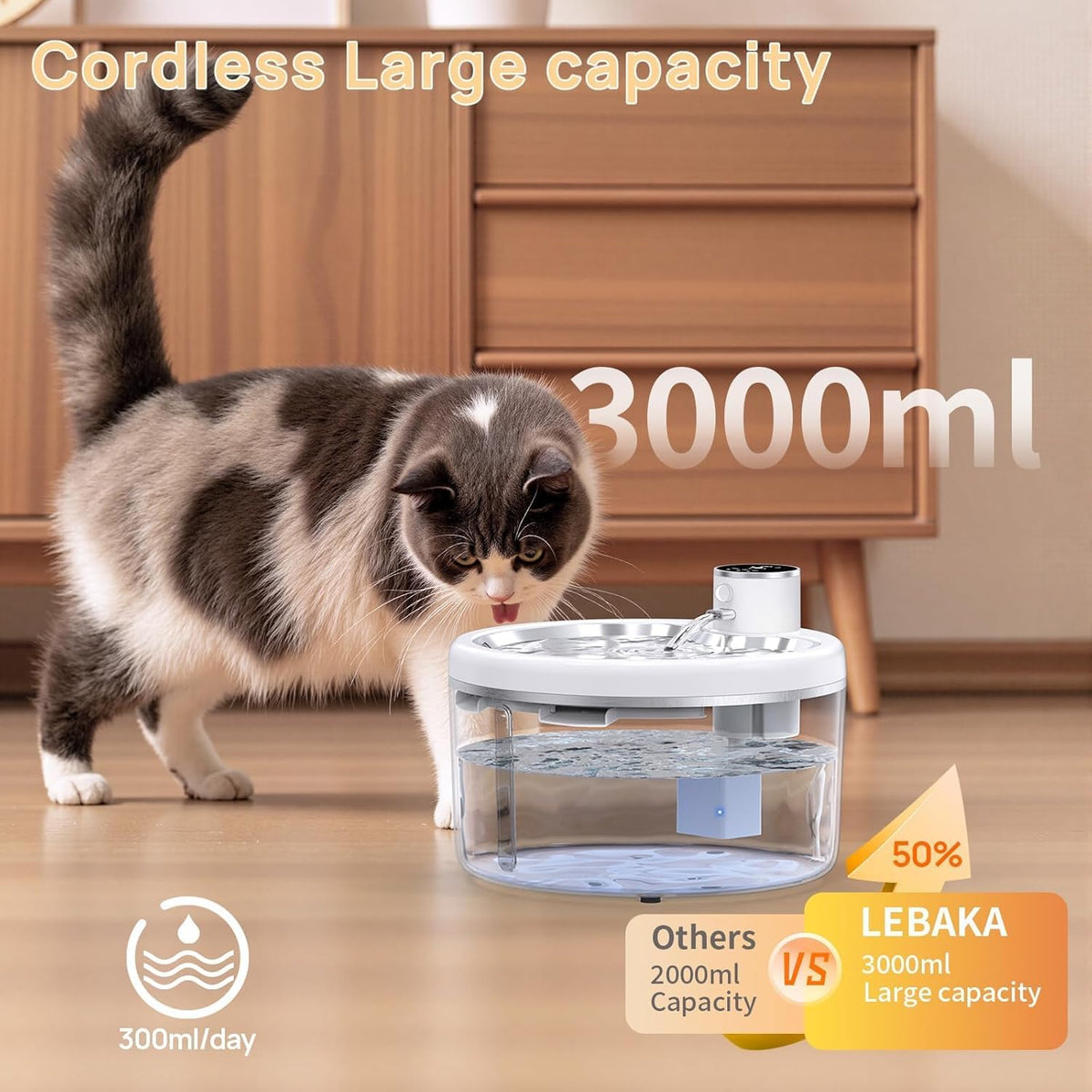 Side view of 3 liter wireless pet fountain for cats and dogs