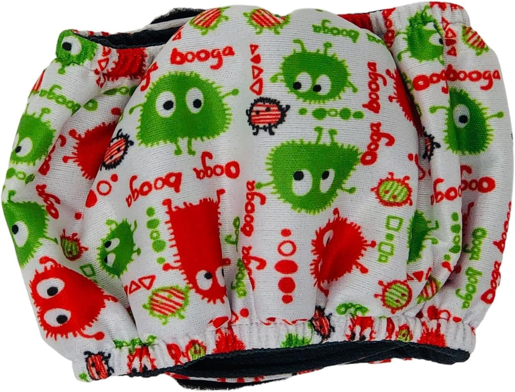Barkertime imported male dog wrap featuring colorful monster pattern fabric